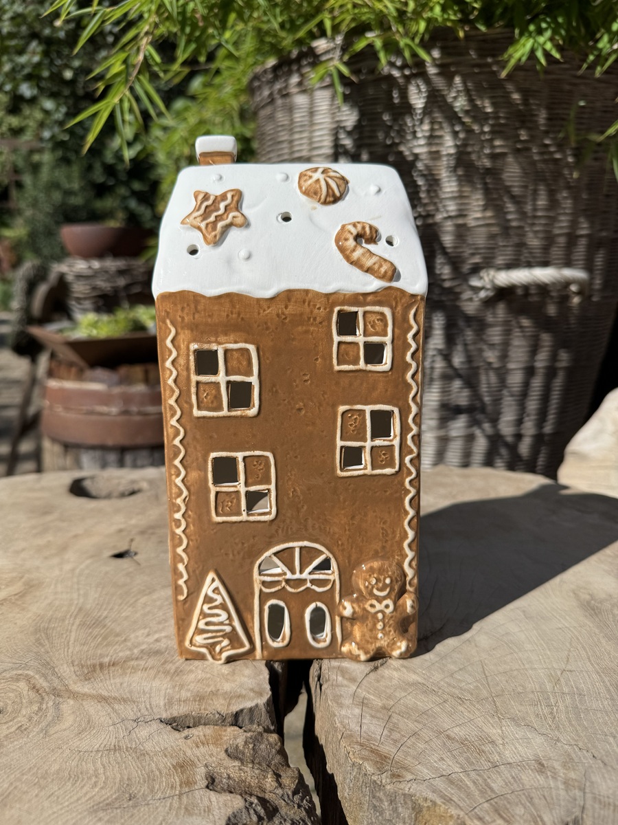 Keramik Windlicht Lebkuchen Haus eckig - Höhe 24 cm