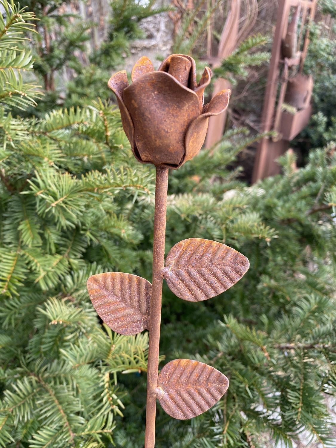 Edelrost Rose 3D Form mit Stiel und Blättern - Höhe 40 cm