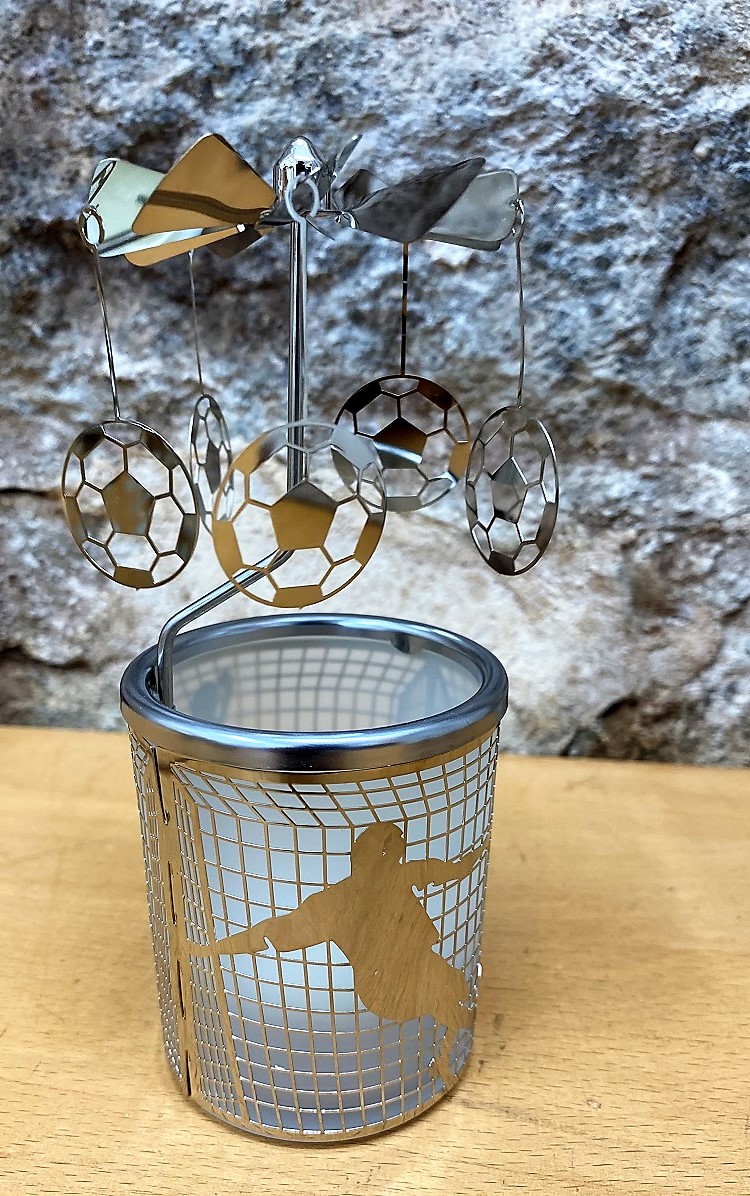 Glaskarussell Fußball Teelichthalter mit Propeller - Höhe 16 cm