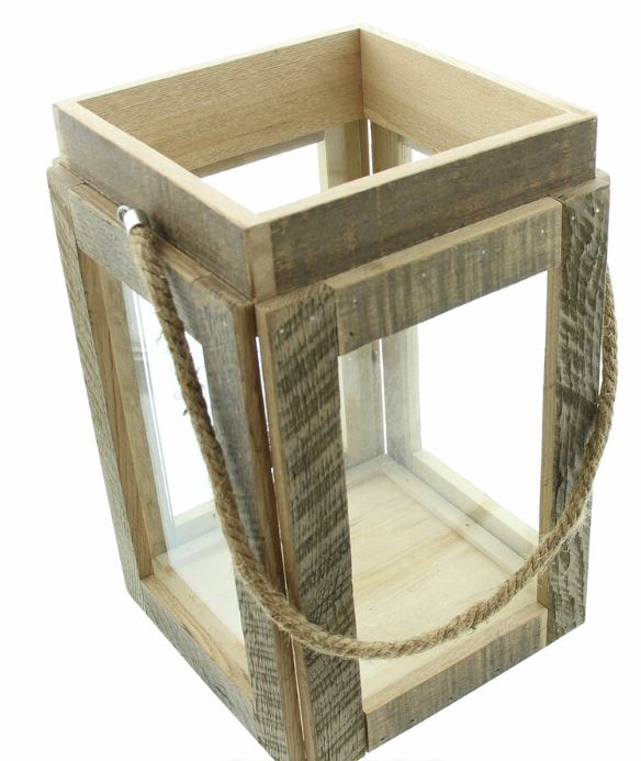 Windlicht aus Holz mit Glaseinsätzen und Kordel - Höhe 30 cm