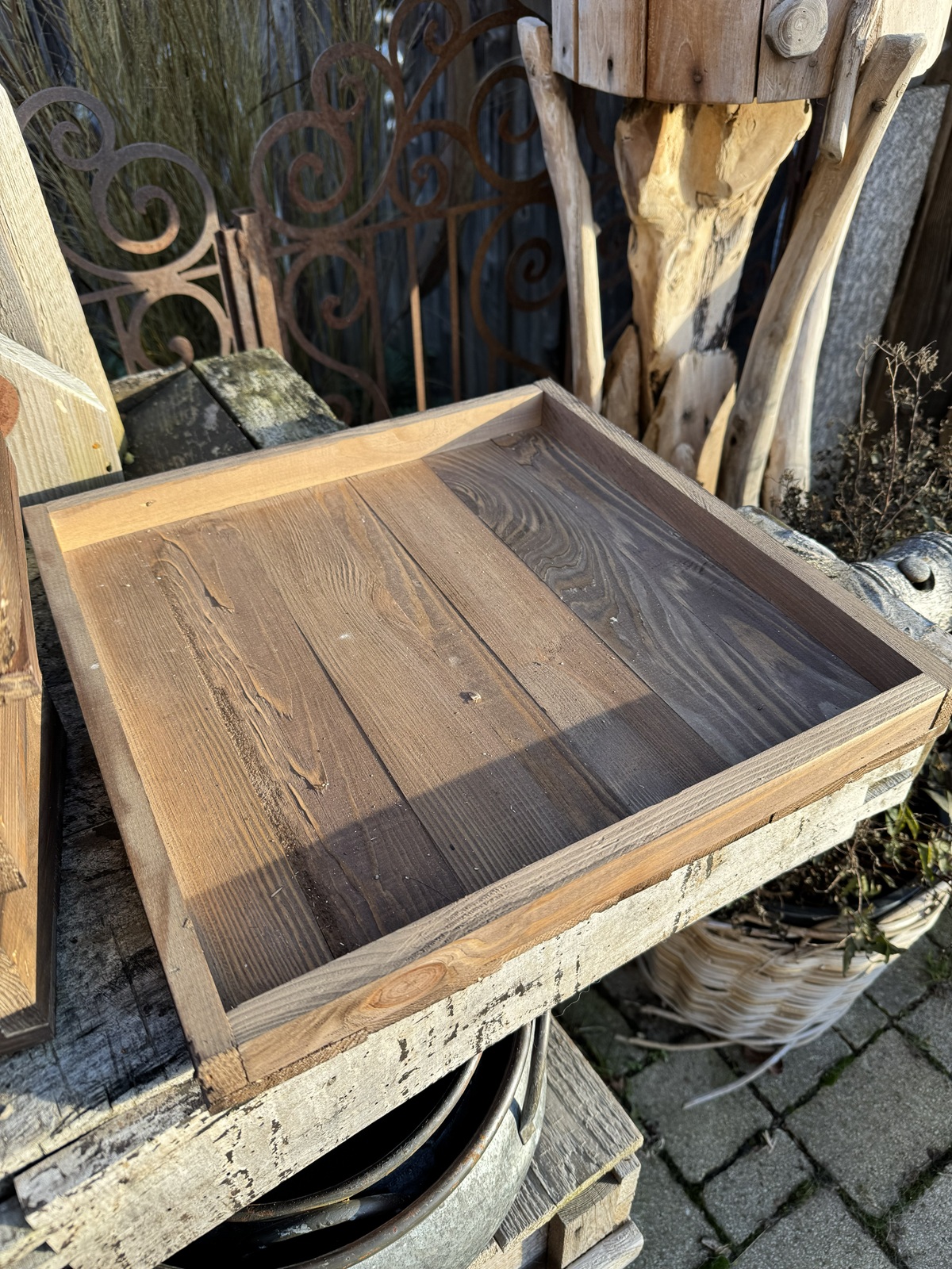 Holz Tablett eckig mit 4 kleinen Holzkisten - Durchmesser 40 cm