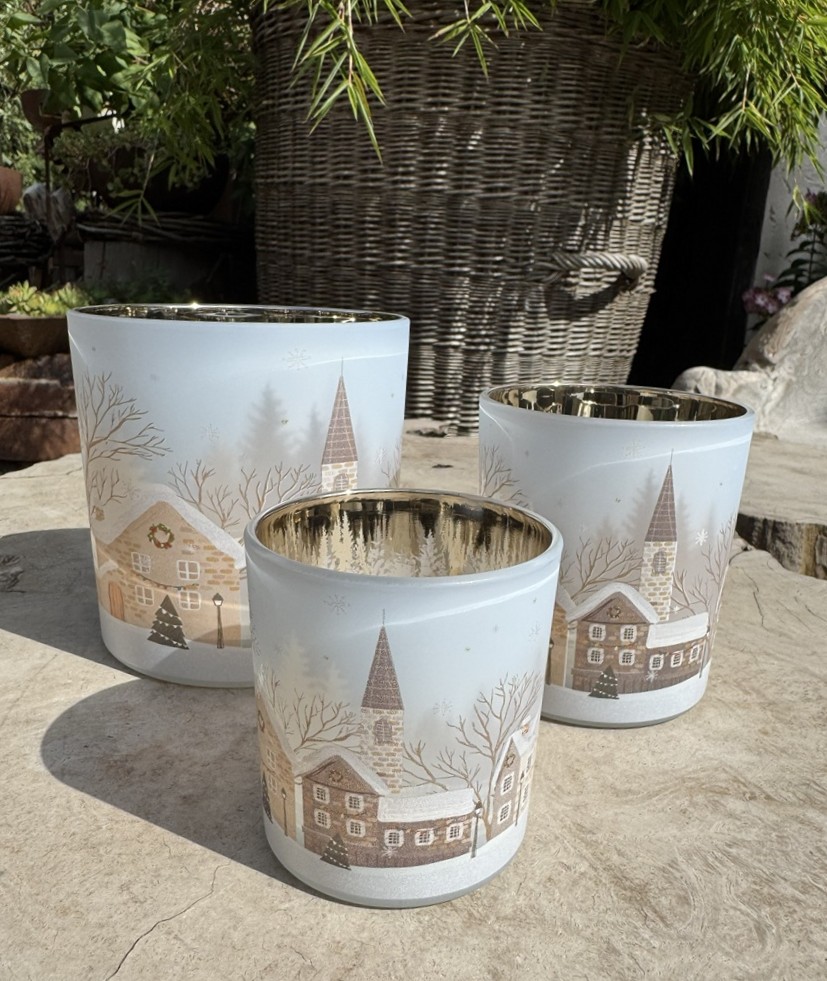 Glas Windlicht Winterlandschaft klein Naturtöne  - Durchmesser 8 cm