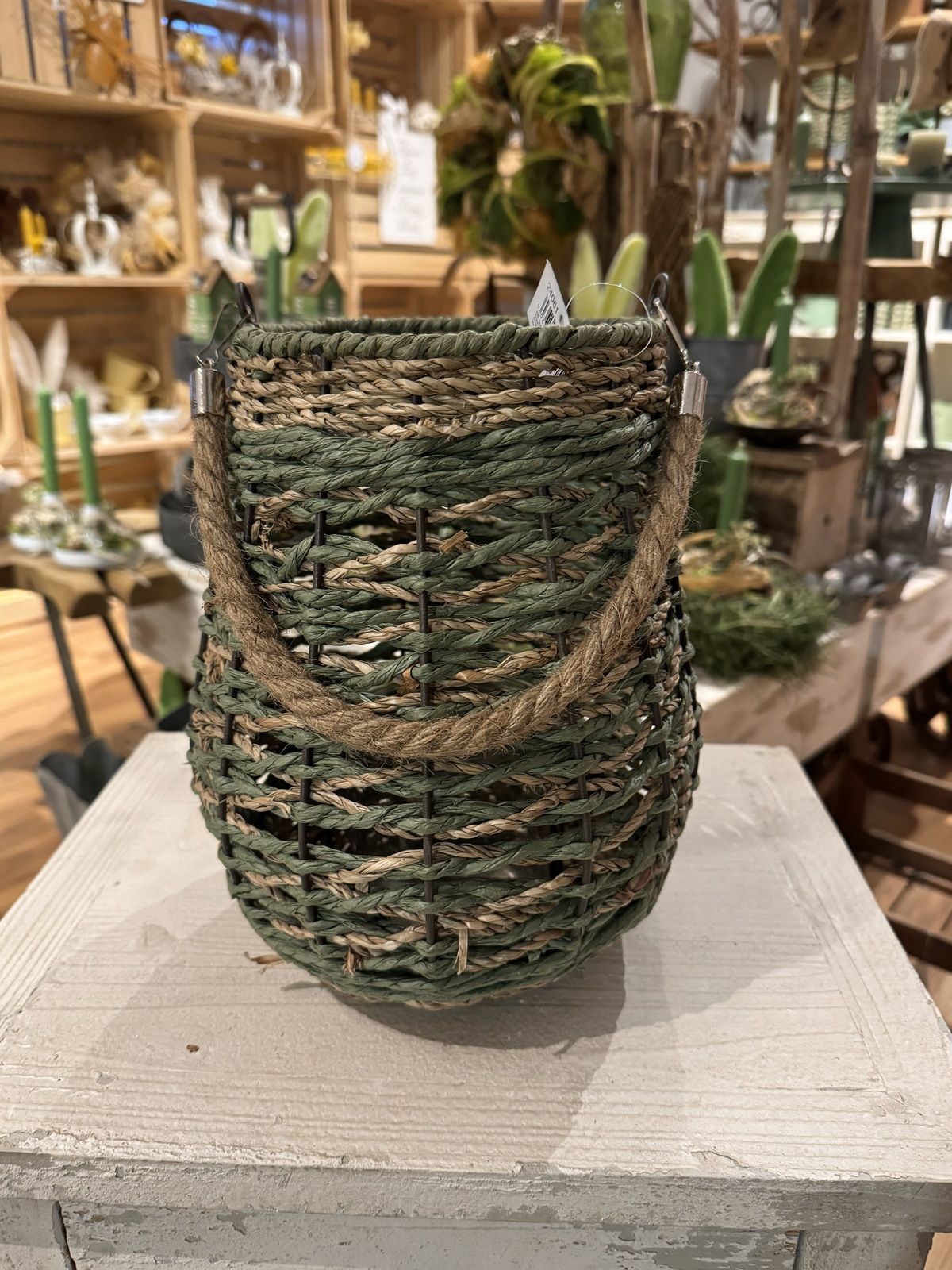 Seegras Windlicht bauchig groß grün/natur - Höhe ohne Henkel 27 cm