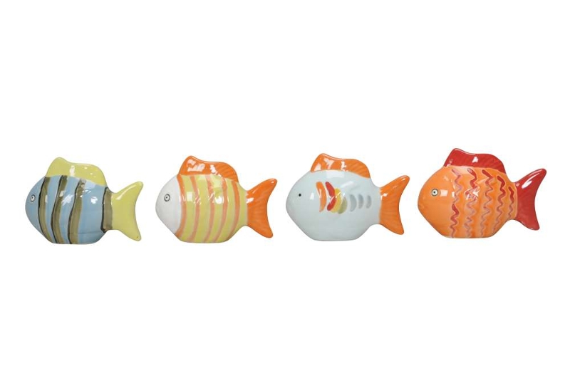 Keramik Schwimmfigur Fisch weiß mit farbigen Streifen  - Höhe 8 cm
