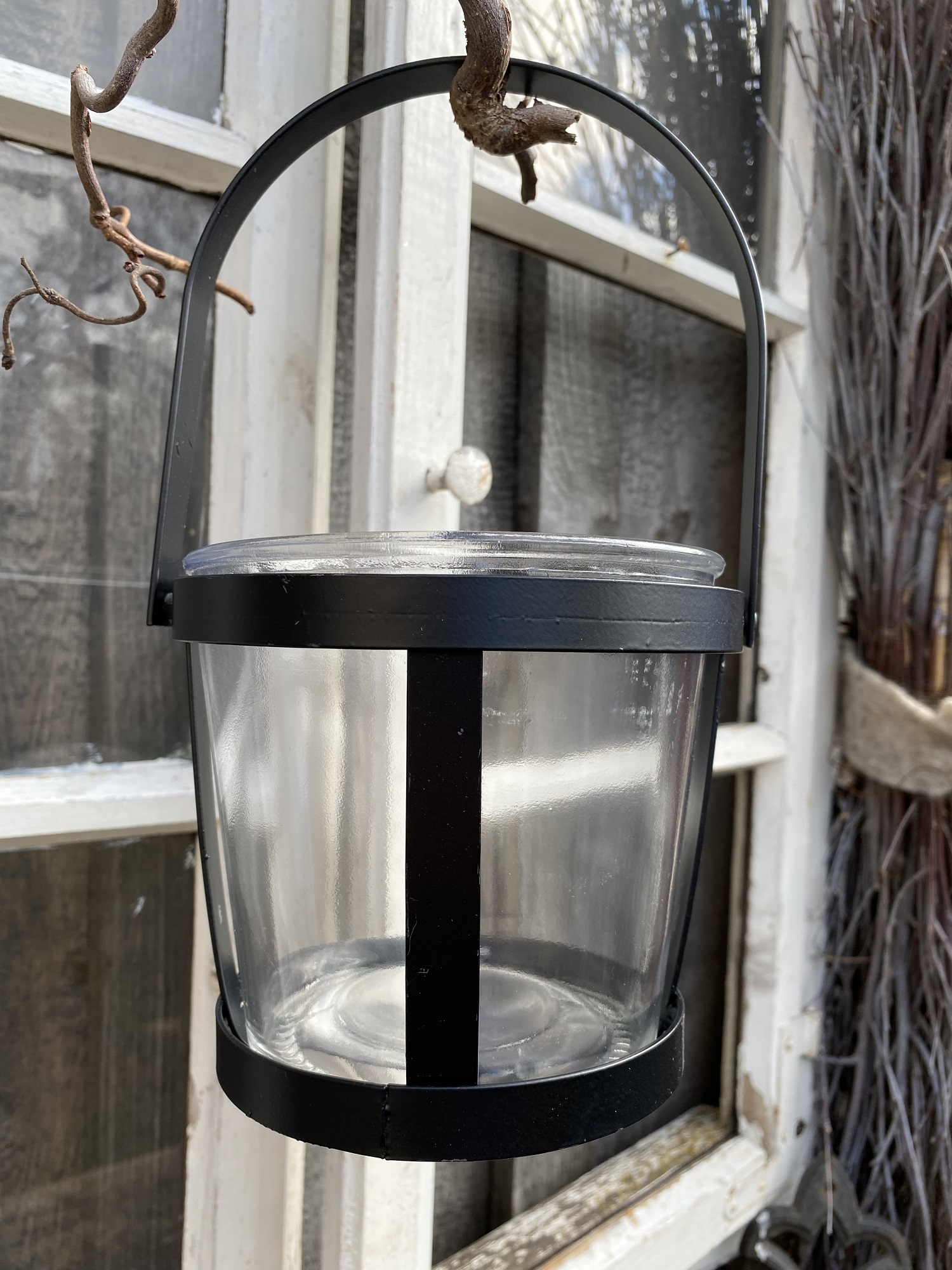 Metallkorb Windlicht schwarz mit Henkel und Glaseinsatz - Höhe 25 cm