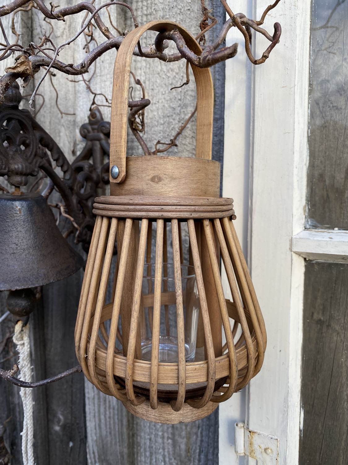 Bambus Windlicht braun mit Henkel und Glas - Höhe 18 cm ohne Henkel