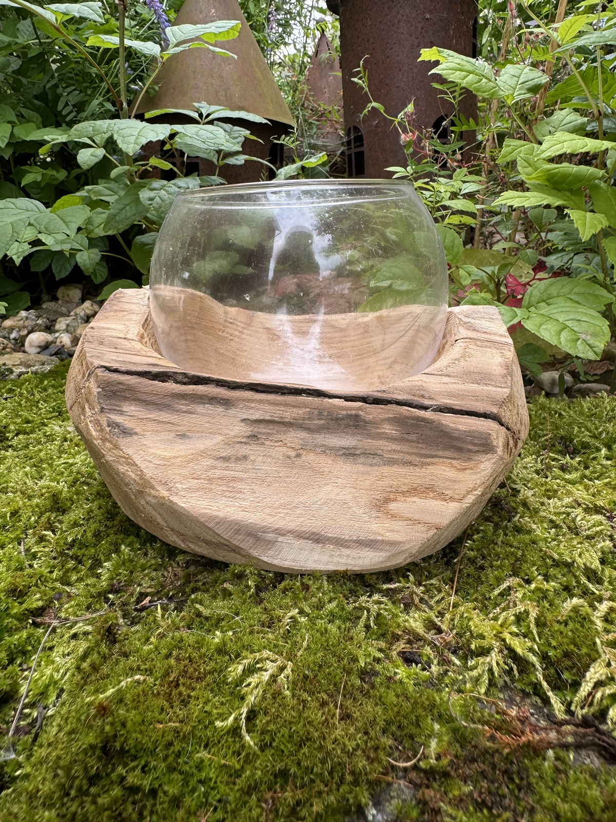 Holz Windlicht Davao mit Kugelglas Vase - Breite 18 cm