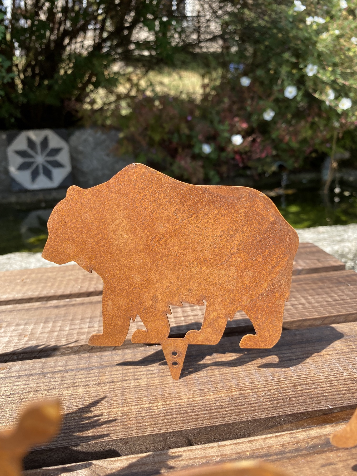 Edelrost 7tlg. Waldszene Tierfiguren und Tannen mit Dornspitze für Holz - Höhe 9-15 cm