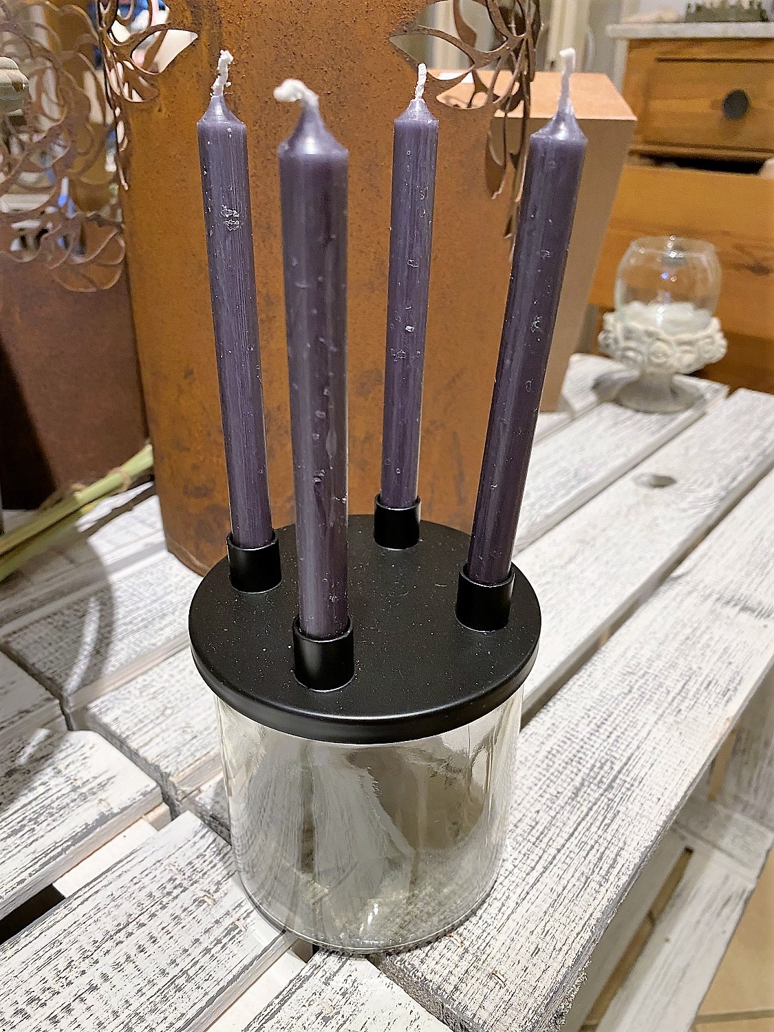 Glas mit Deckel schwarz für 4 Mini Stabkerzen - Höhe 10 cm