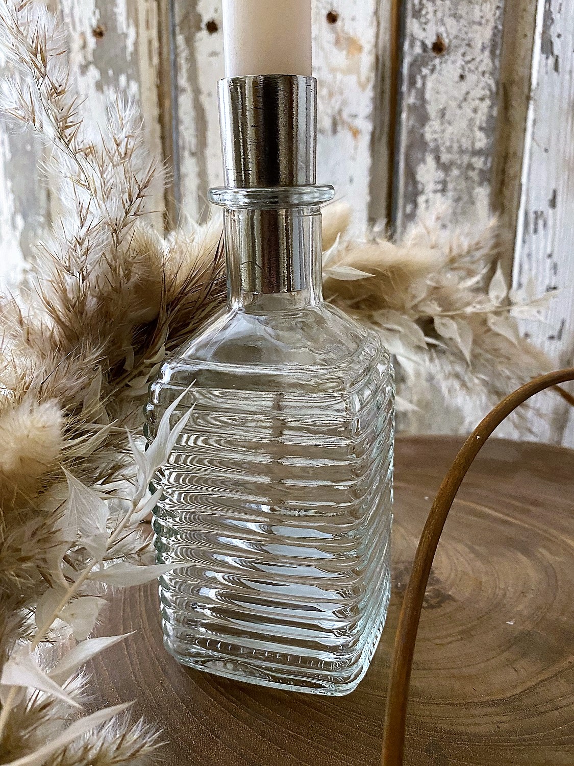Kerzenhalter Glasflasche quergestreift klar mit Aufsatz silber - Höhe 15,5 cm