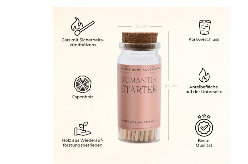 Zündhölzer Romantik Starter im Glas - Höhe 8,5 cm