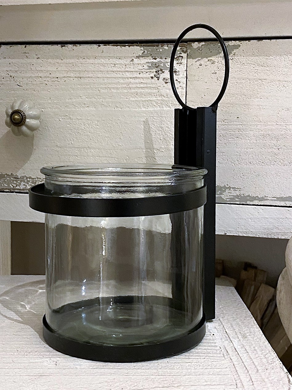 Glas Windlicht groß im Metallständer schwarz - Höhe 24 cm