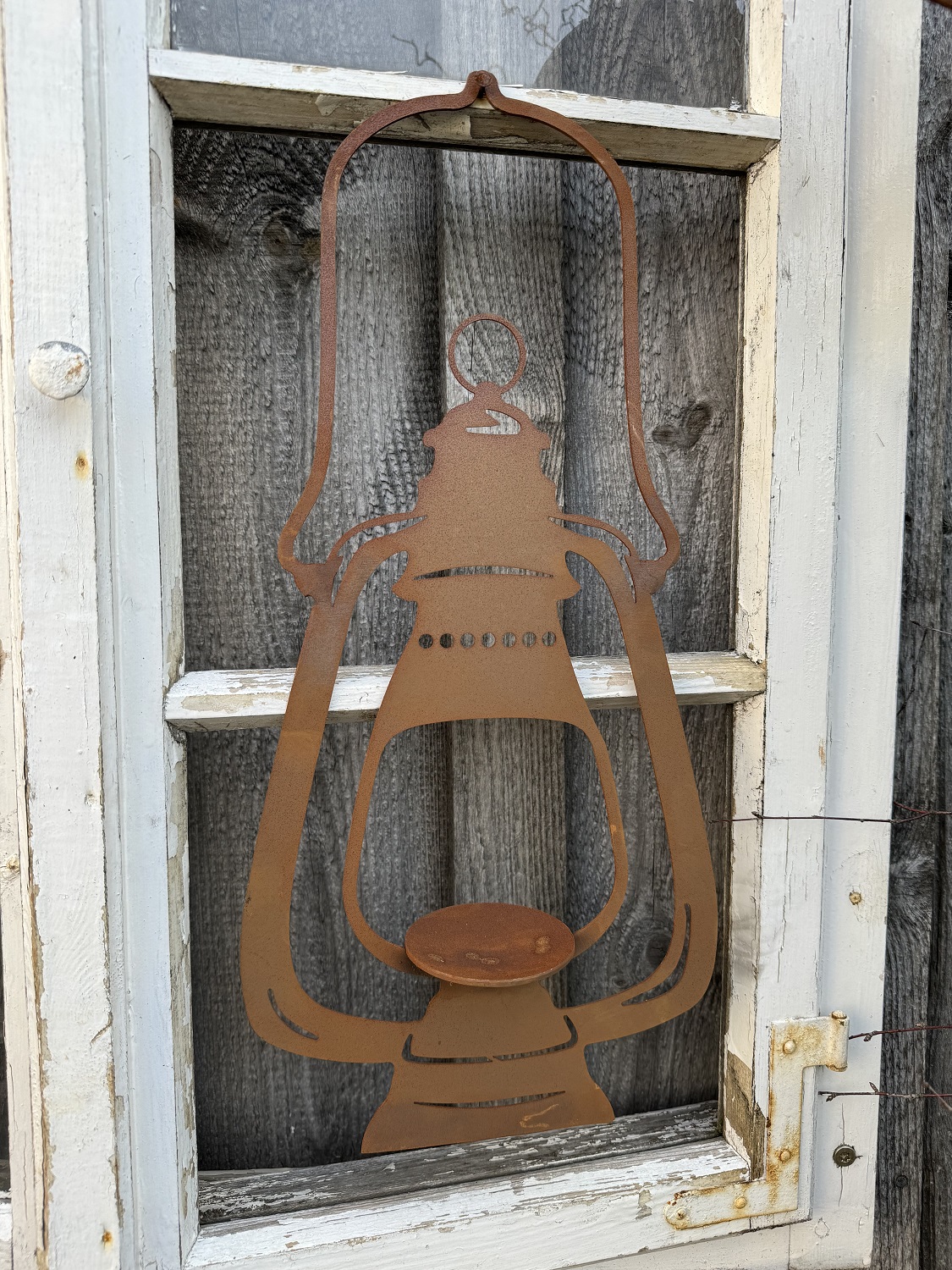 Edelrost Laterne zum Hängen flache Form mit Teelichtglas - Höhe 56 cm