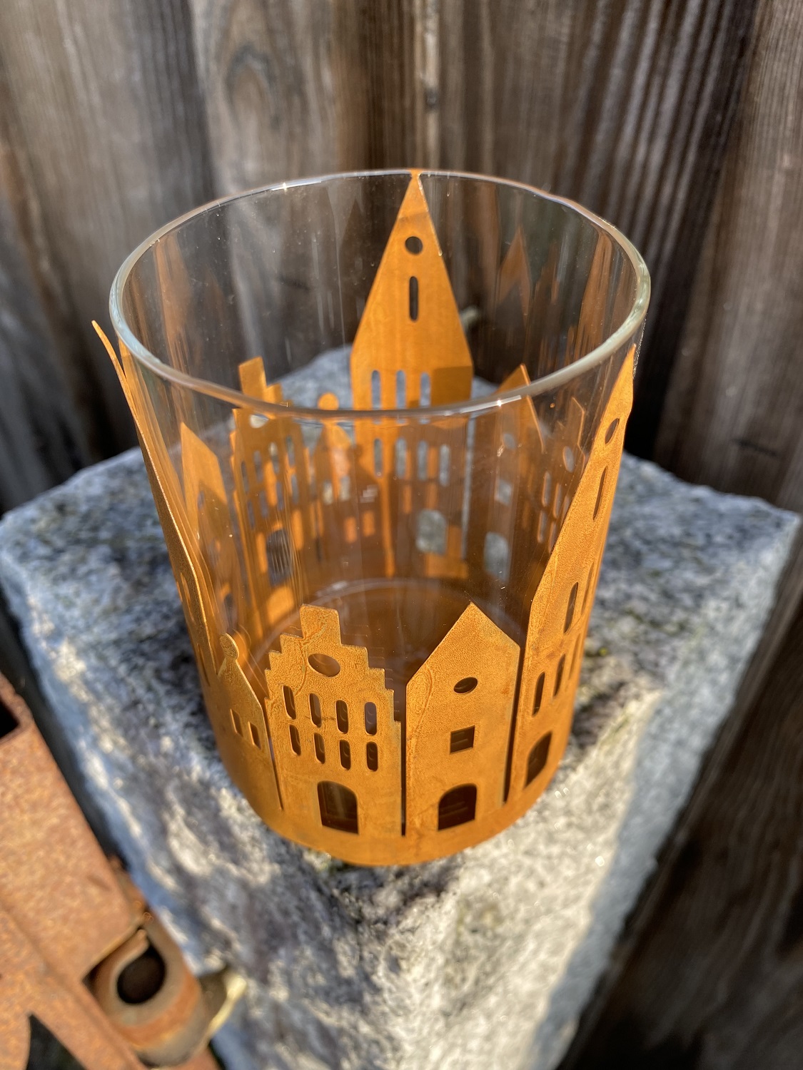 Rost Häuser klein mit Windlichtglas - Höhe 11 cm