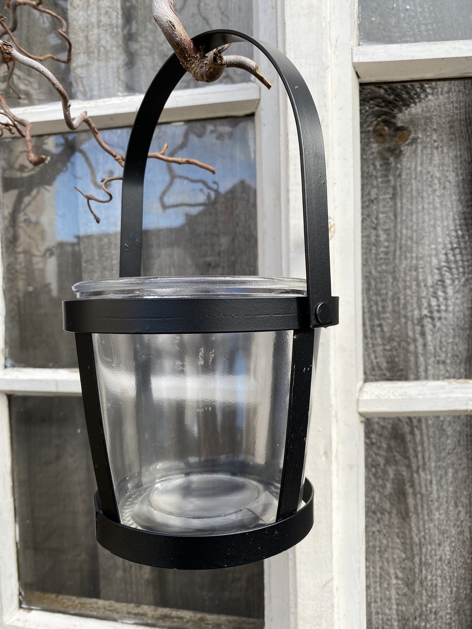 Metallkorb Windlicht schwarz mit Henkel und Glaseinsatz - Höhe 25 cm