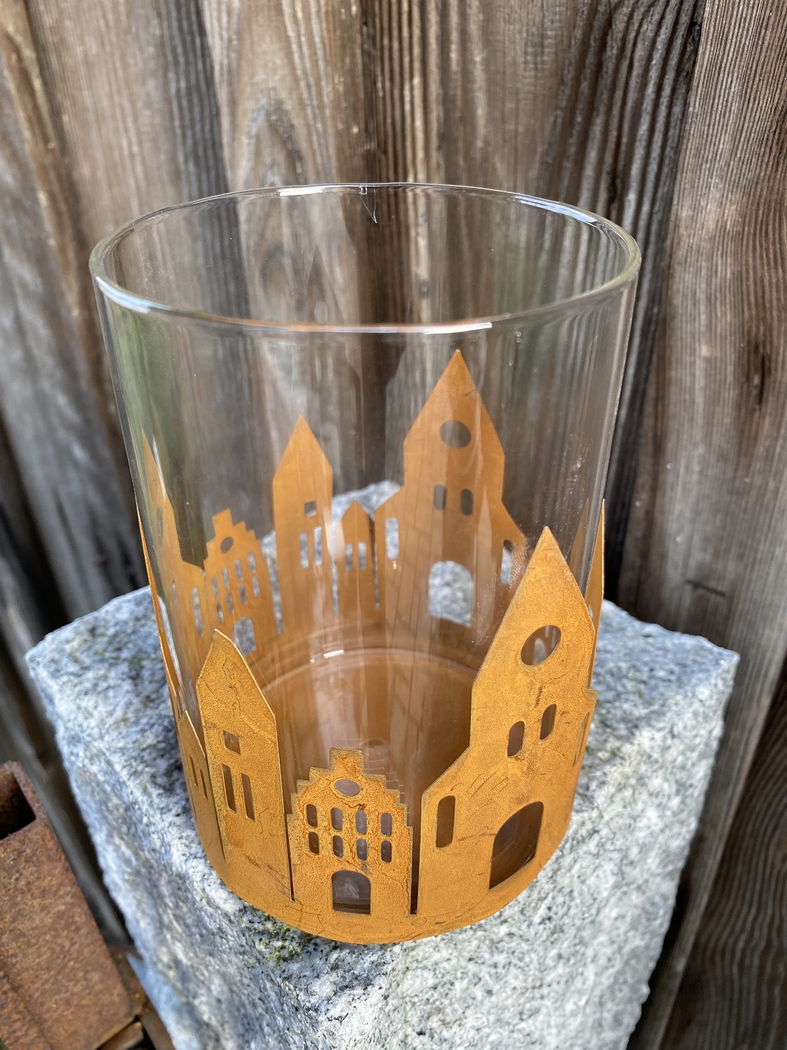 Rost Häuser groß mit Windlichtglas - Höhe 13,5 cm