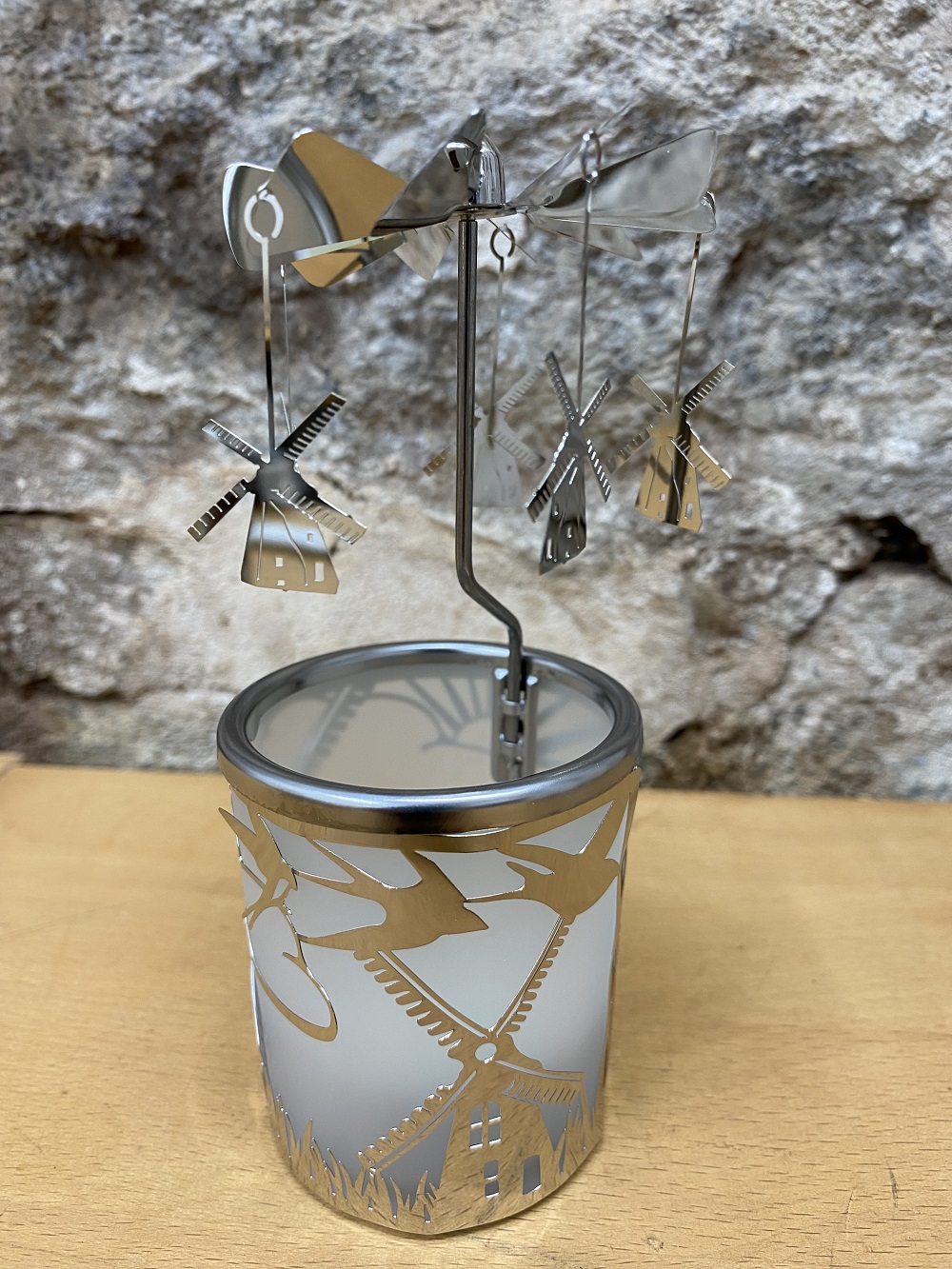 Glaskarussell Windmühle Teelichthalter mit Propeller - Höhe 16 cm