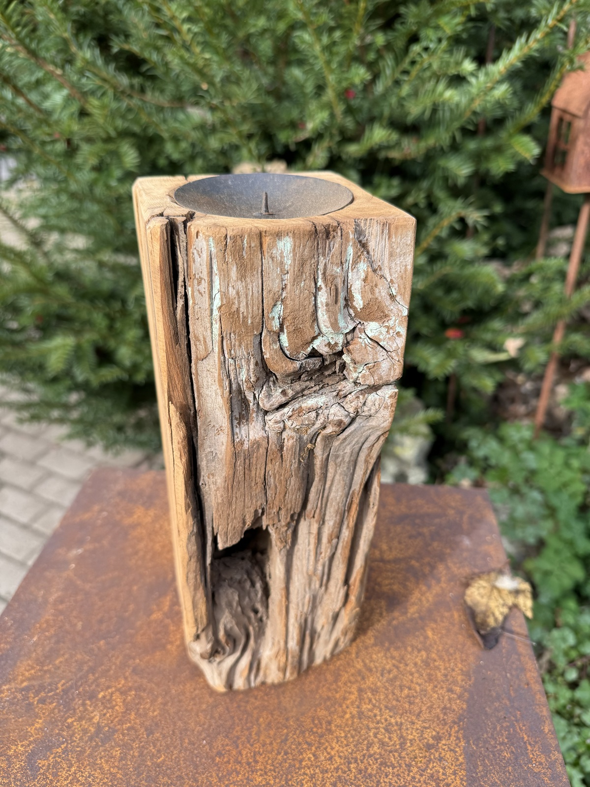 Altholz Kerzenständer Balken groß mit Kerzenteller - Höhe ca. 27 cm