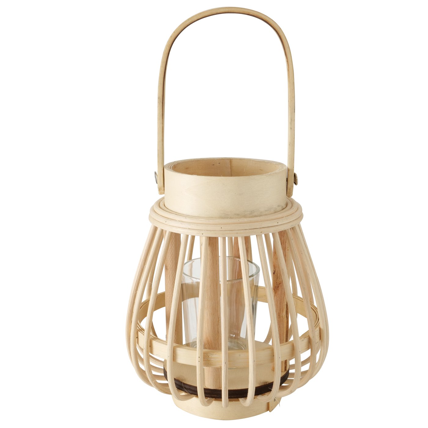 Bambus Windlicht naturfarben mit Henkel und Glas - Höhe 18 cm ohne Henkel