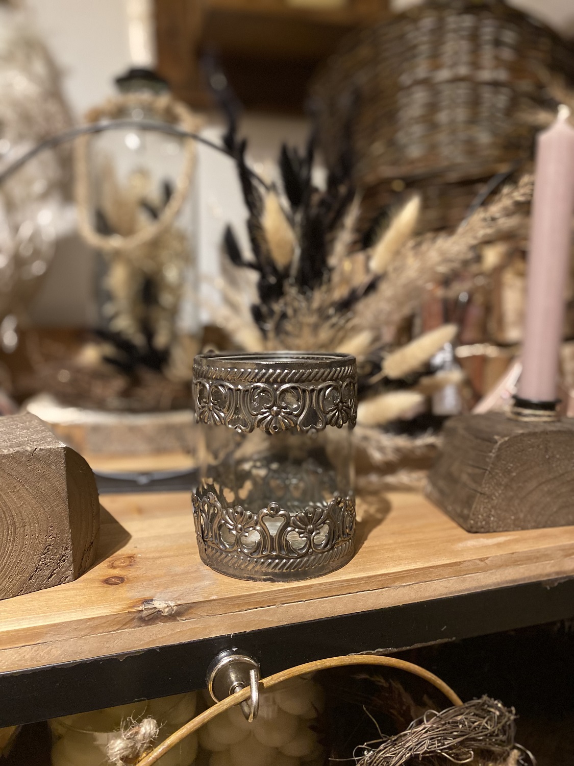 Glas Teelichthalter Iberica mit Metallverzierung - Höhe 10 cm