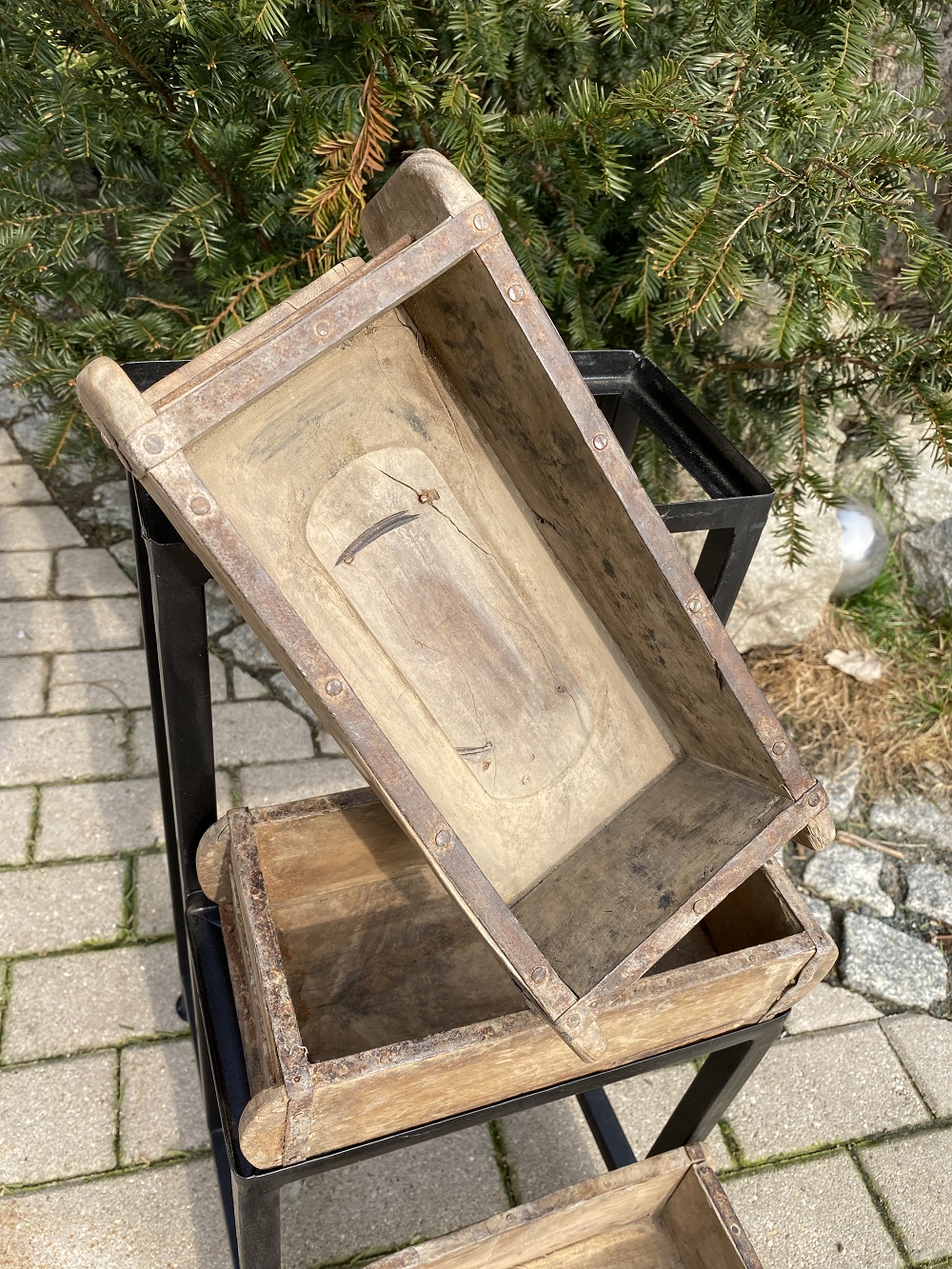 Metall Pflanztreppe Antik mit 3 Holzkästen - Höhe 70 cm