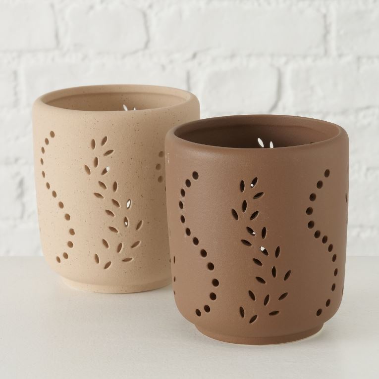 Keramik Windlicht Natur mit Muster beige - Höhe 12 cm