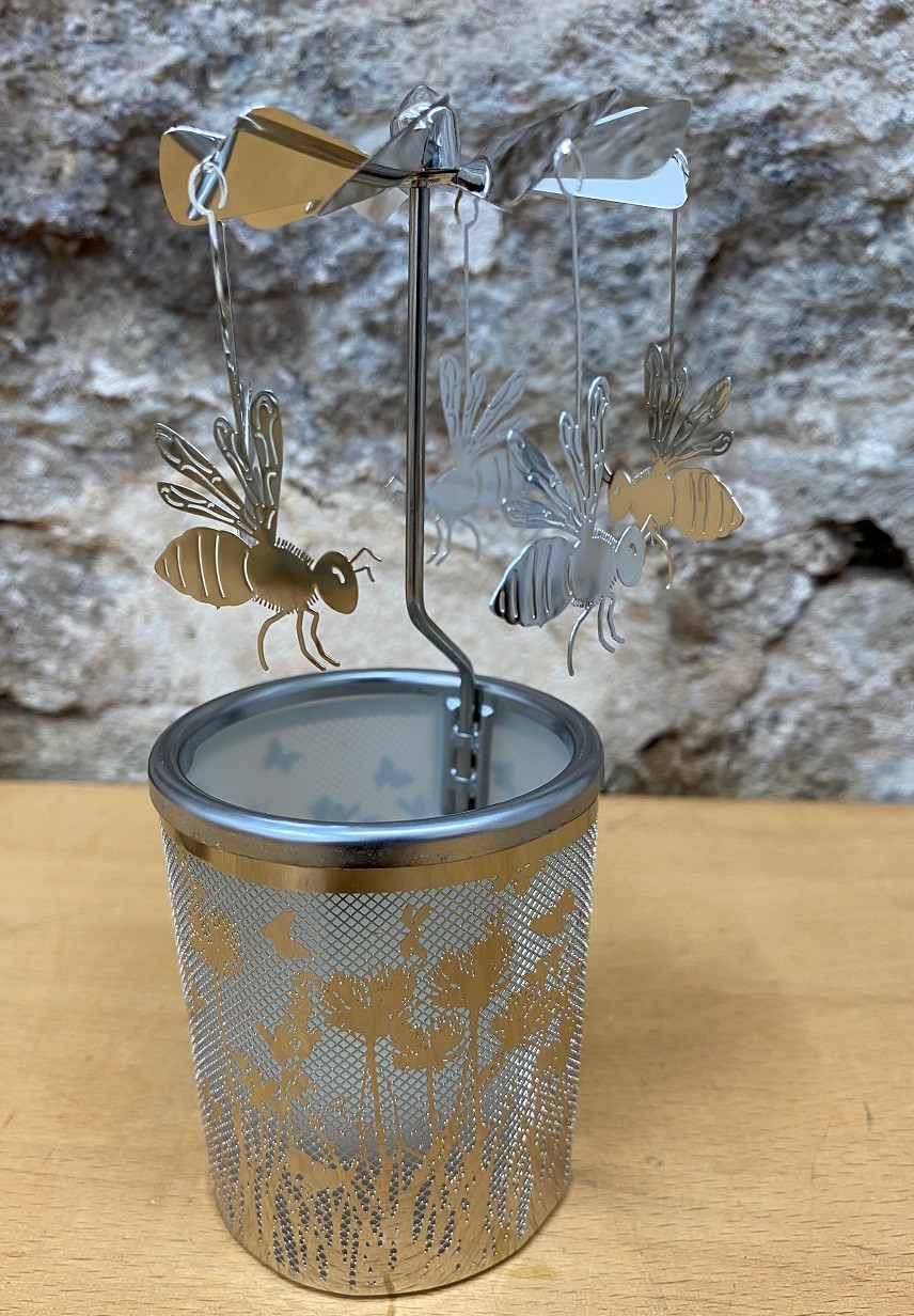 Glaskarussell Biene Teelichthalter mit Propeller - Höhe 16 cm