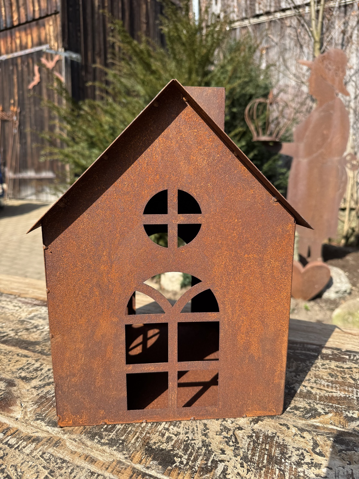 Edelrost Windlicht Haus eckige breite Form - Höhe 36 cm