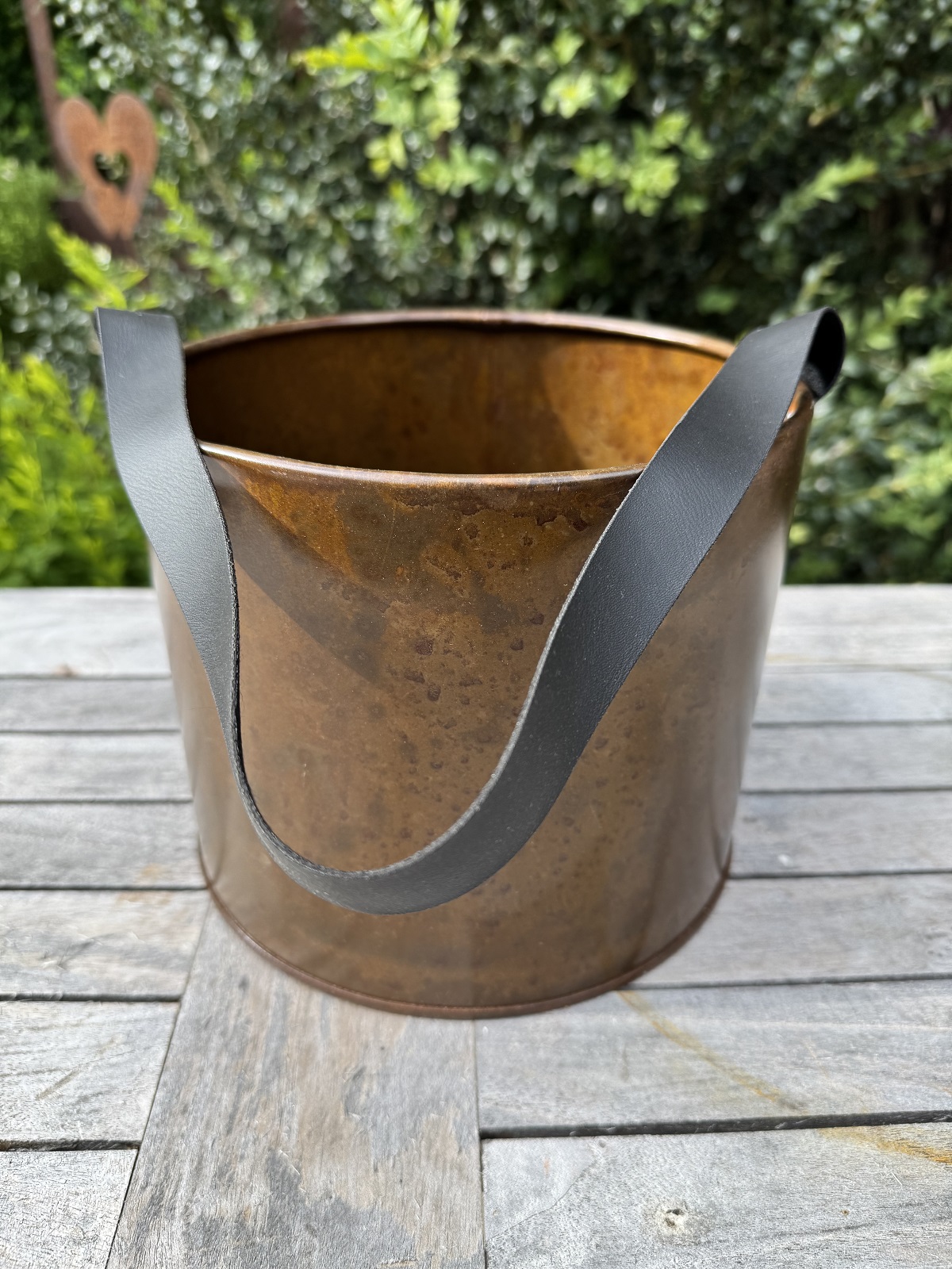 Metall Eimer klein dunkelbraun mit schwarzem Kunstlederhenkel - Durchmesser 20 cm