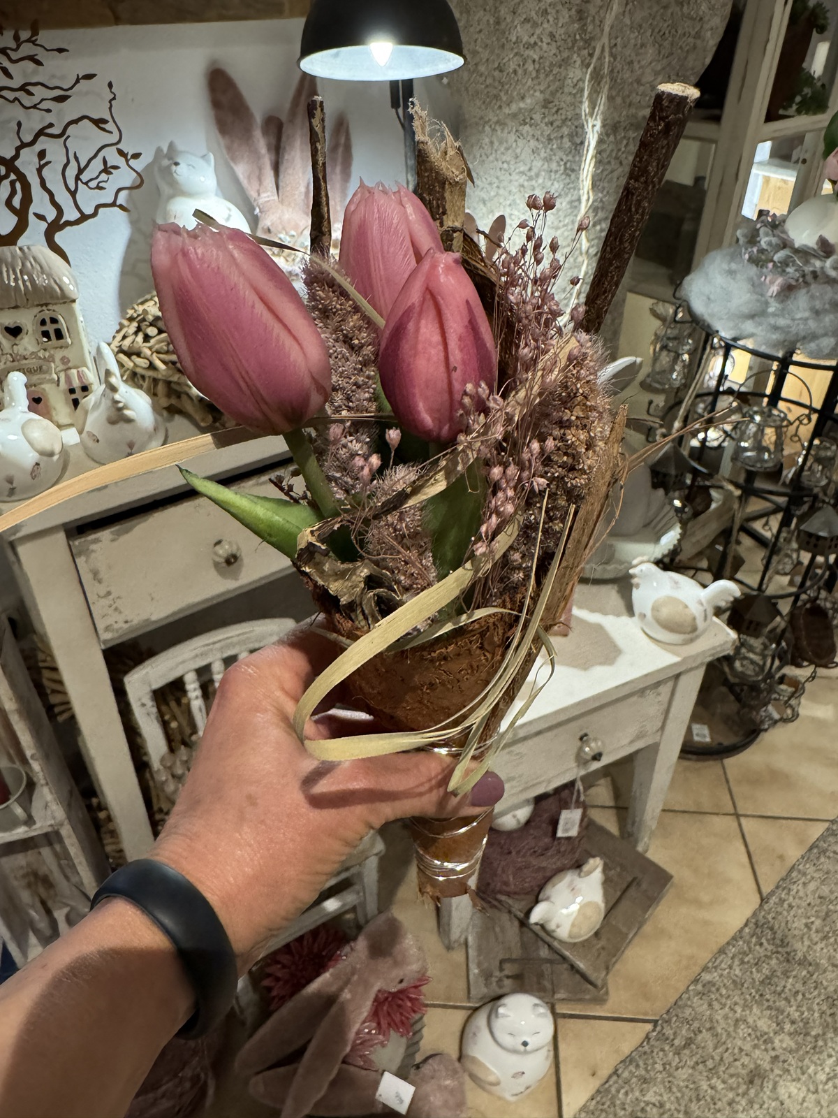 Trockenblumen Strauß mit Tulpen Rosafarben / Natur (3) - Höhe ca. 30 cm