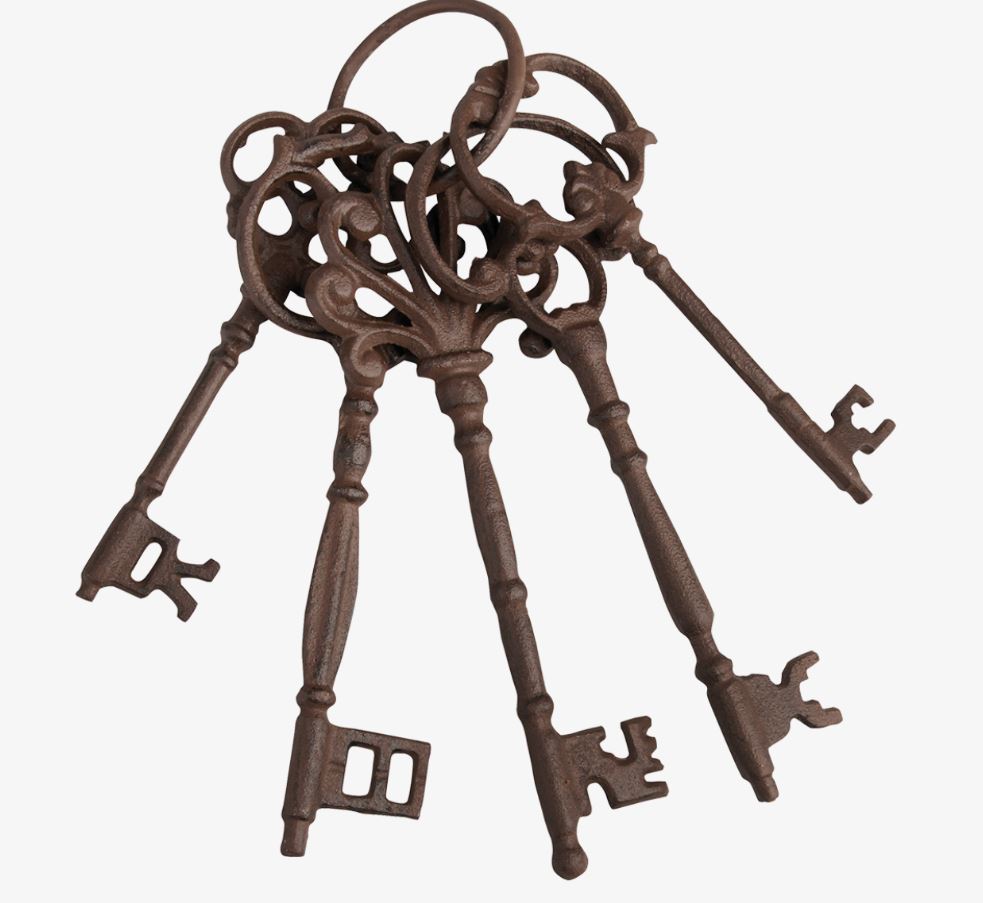 Gusseisen Schlüsselbund Schnörkel mit 5 Schlüsseln - Höhe 24,5 cm
