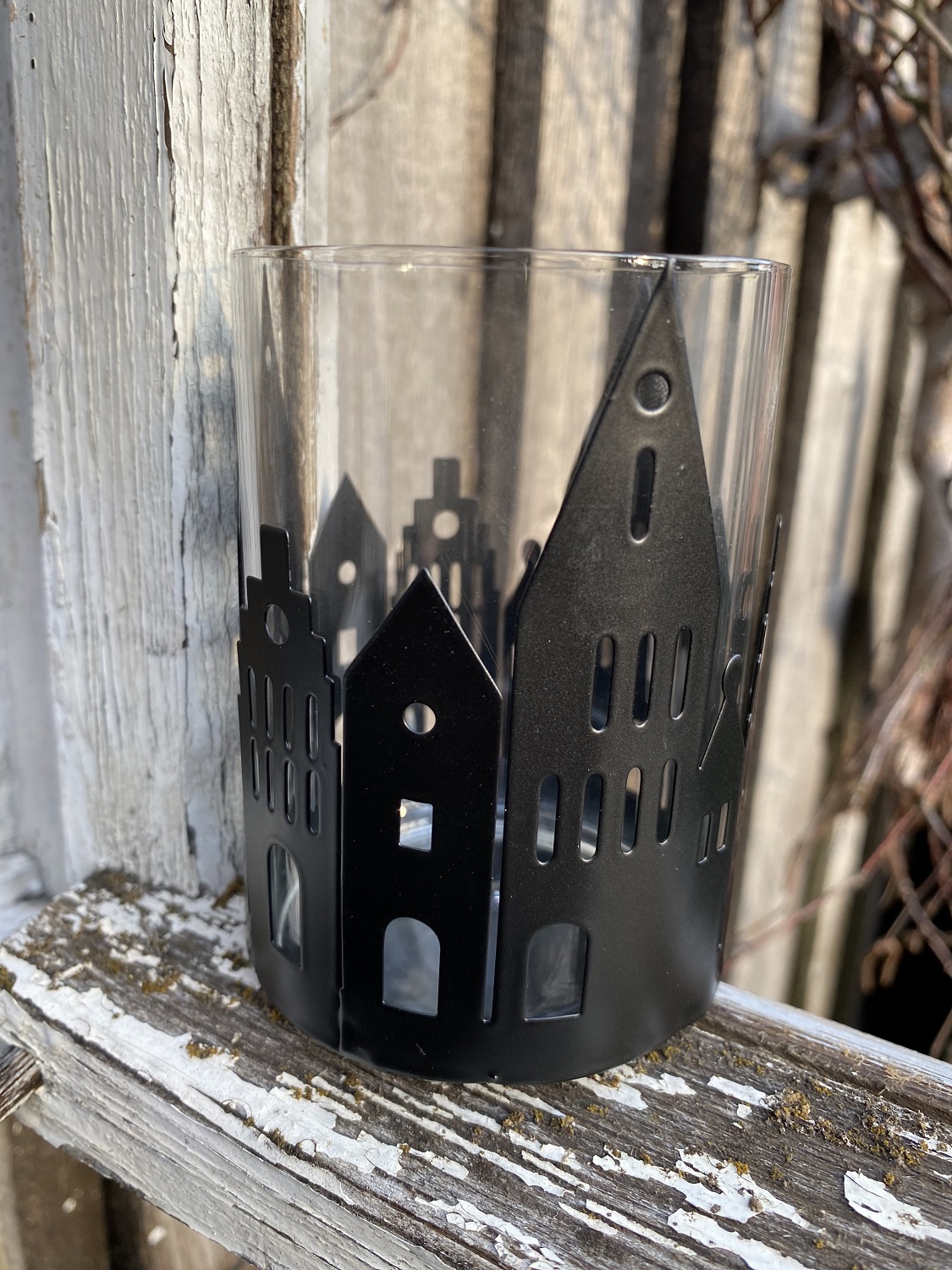 Metall Häuser schwarz klein mit Windlichtglas - Höhe 11 cm