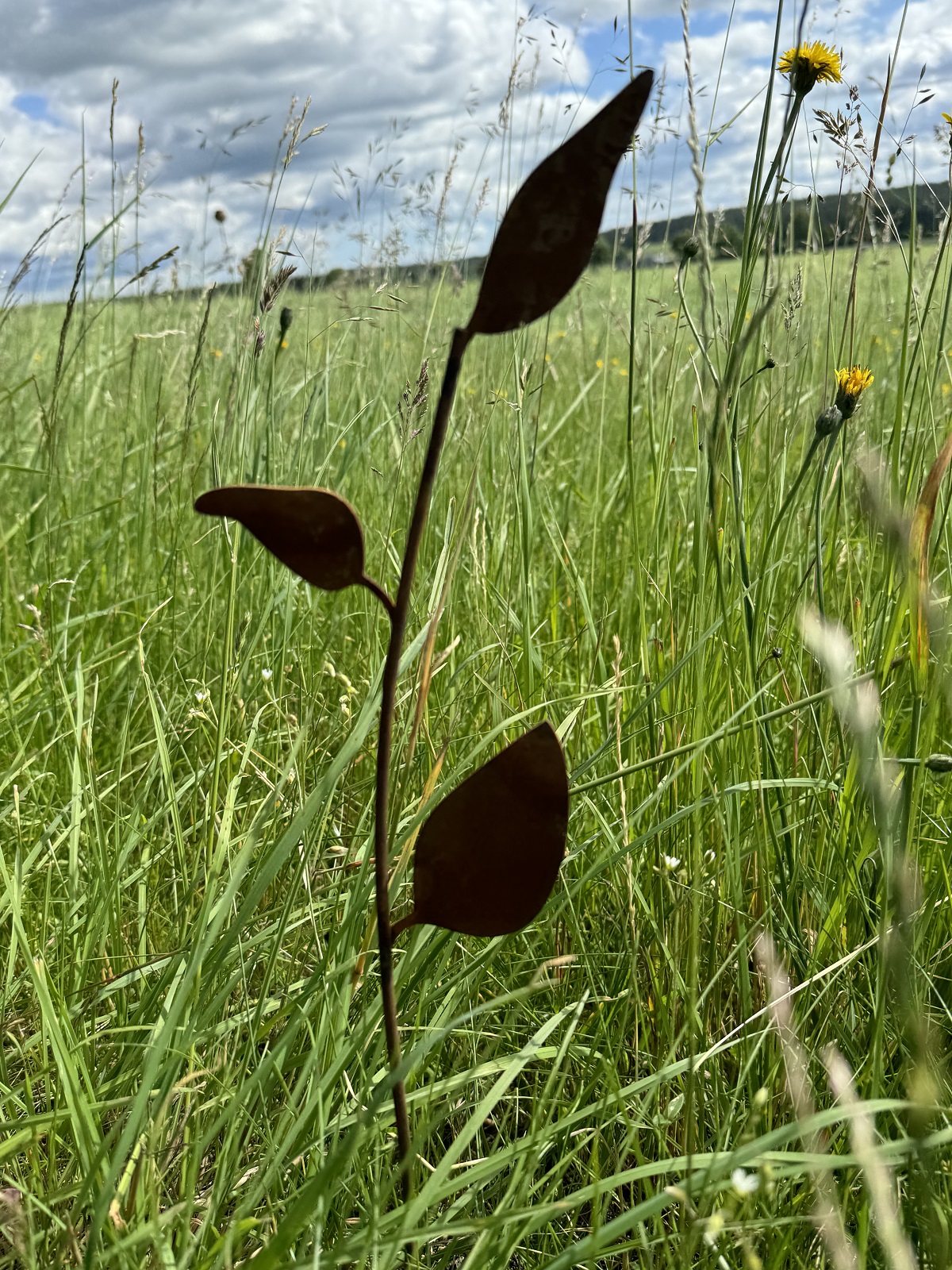 Edelrost Ast mit 3 Blättern auf Stab - Höhe 50 cm