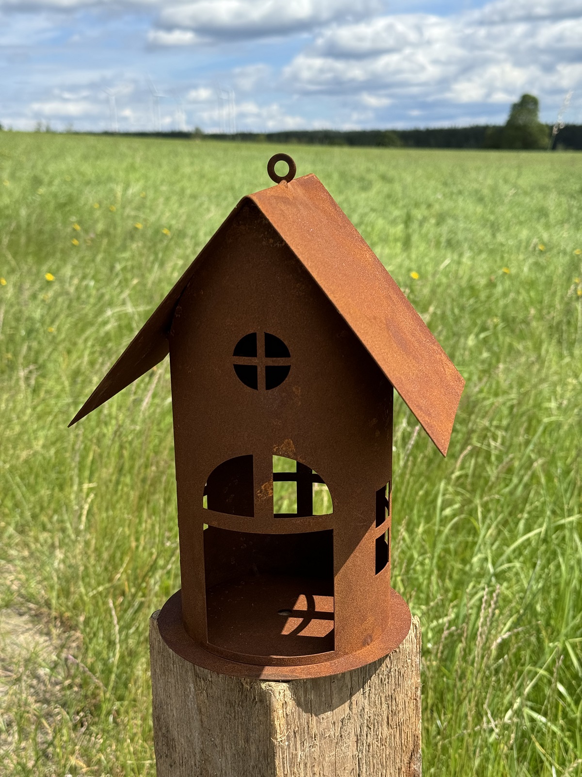 Edelrost Vogelhaus Turm runde Form mit Dach - Höhe 25 cm