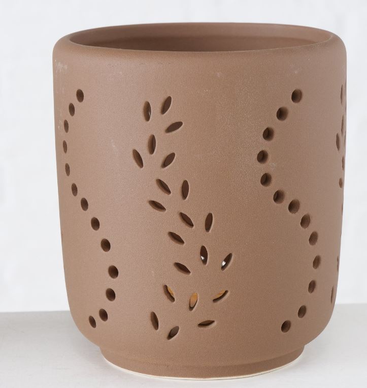 Keramik Windlicht Natur mit Muster braun - Höhe 12 cm