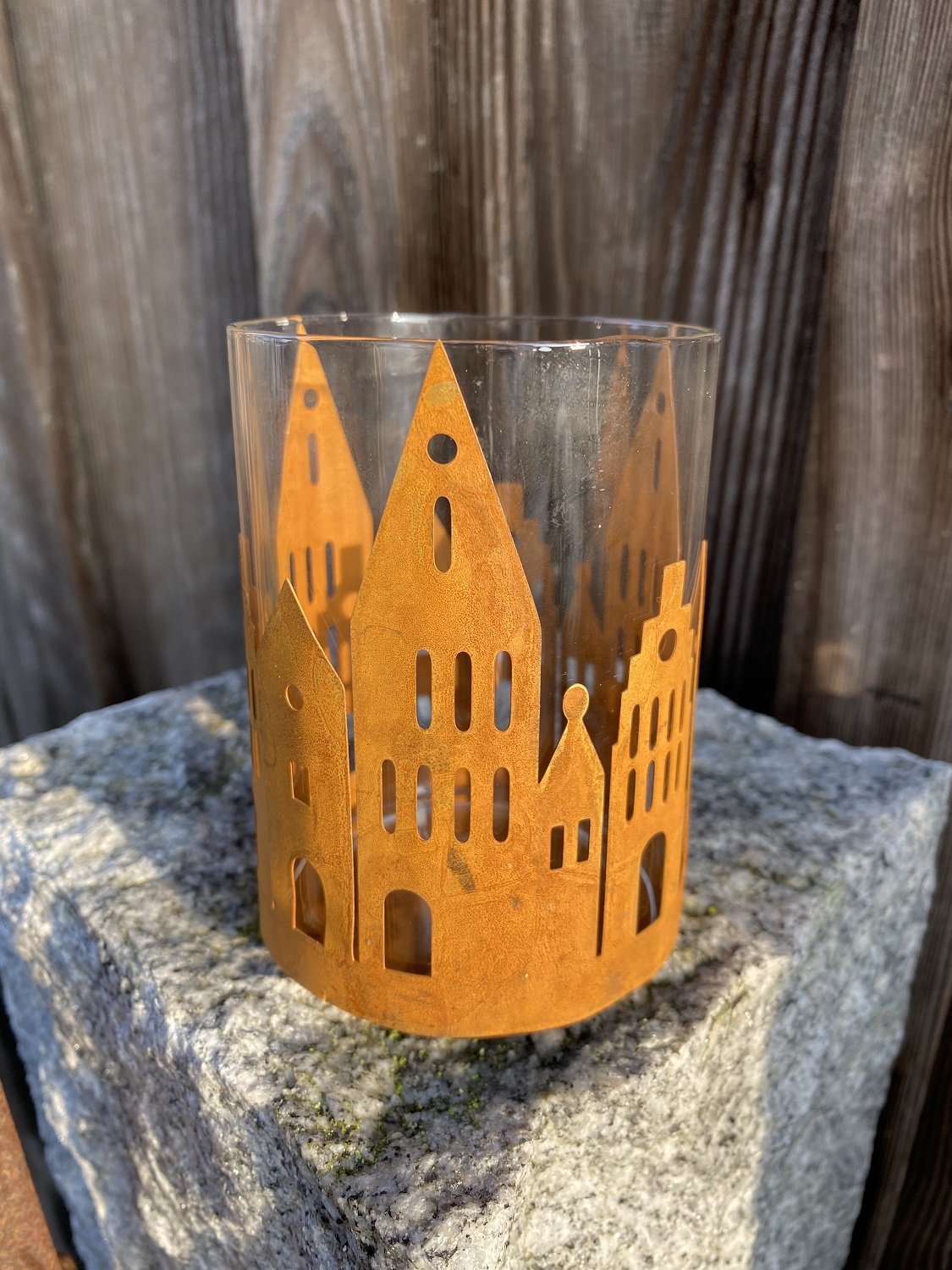 Rost Häuser klein mit Windlichtglas - Höhe 11 cm