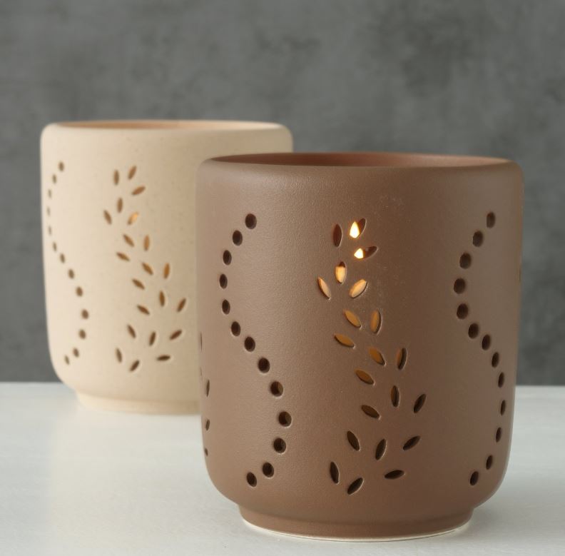 Keramik Windlicht Natur mit Muster braun - Höhe 12 cm