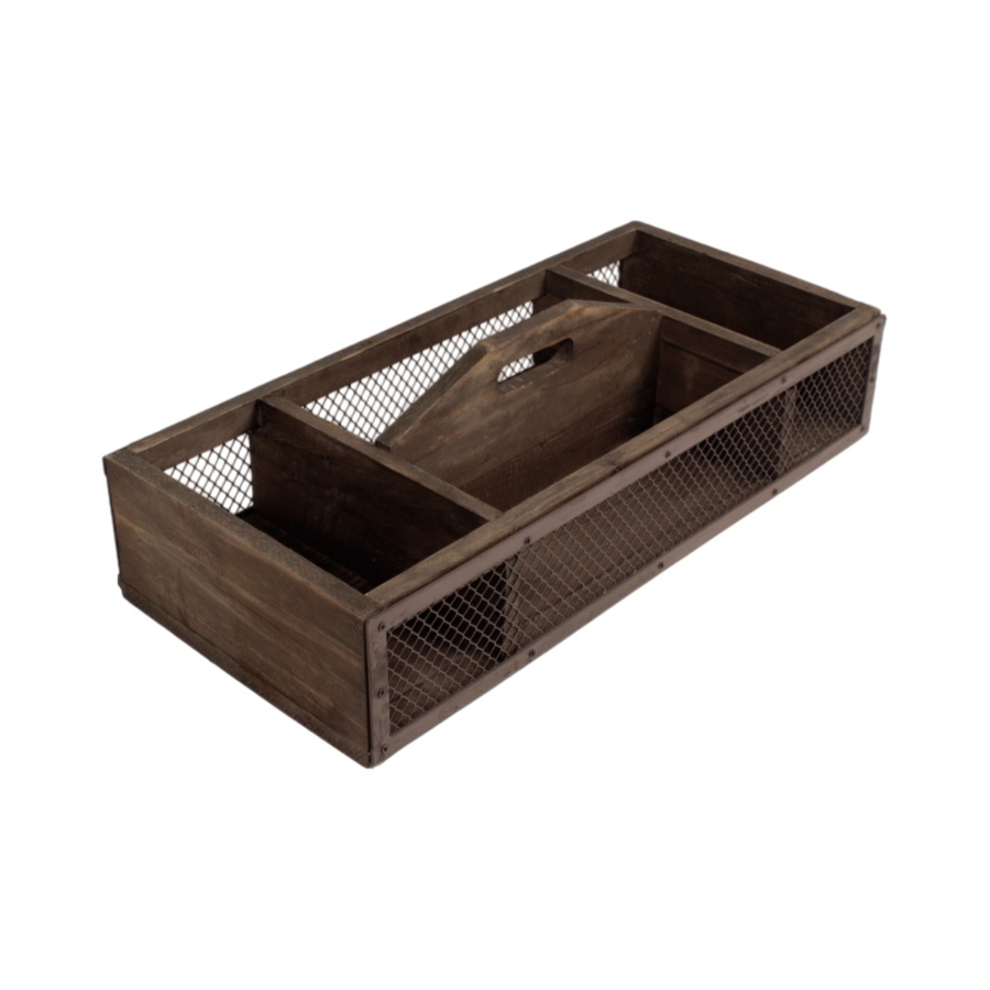 Altholz Kasten mit Fächern und Metallgitter - Länge ca. 59 cm