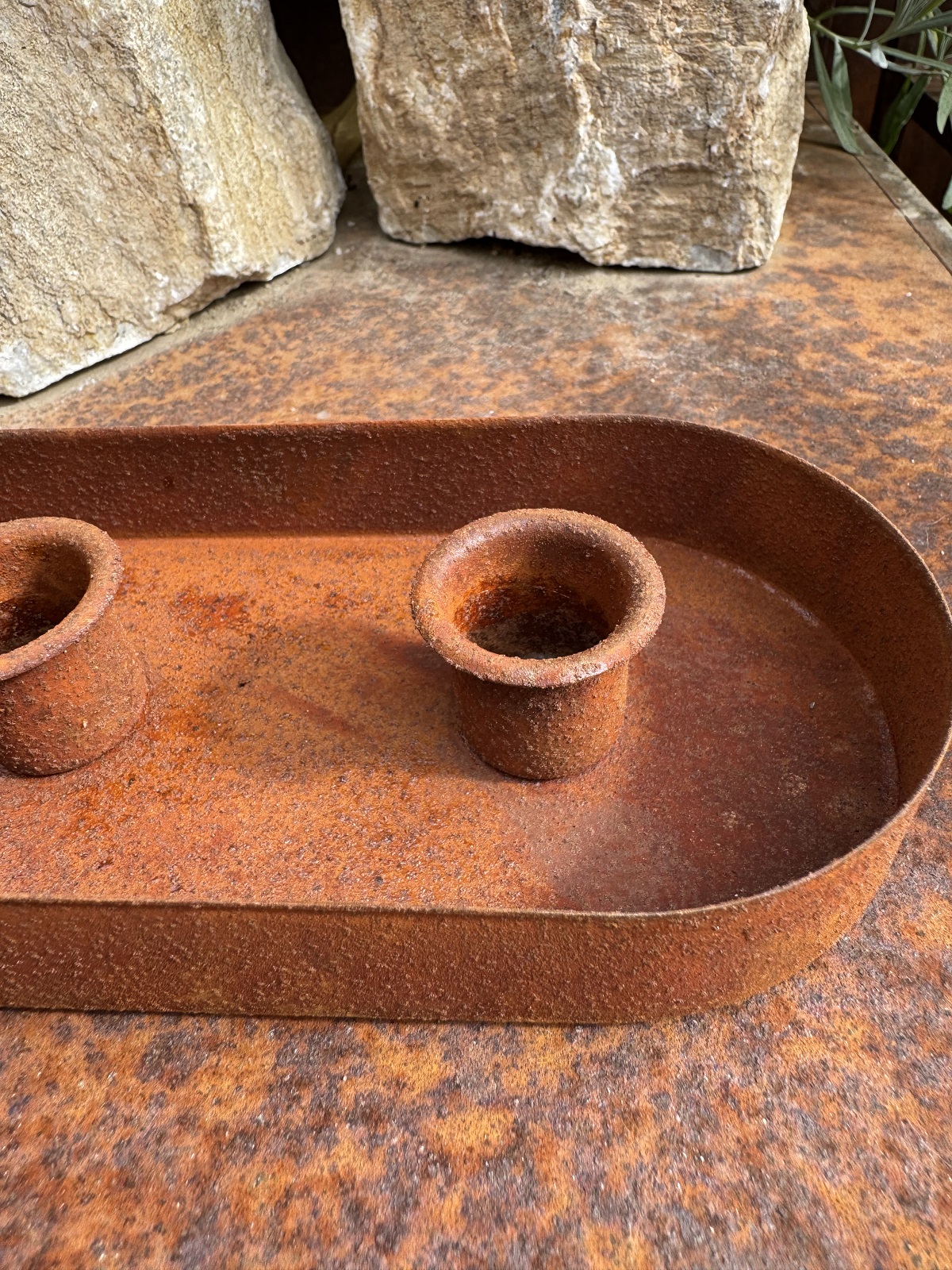 Edelrost Tablettschale länglich oval für 4 Stabkerzen - Länge 30 cm