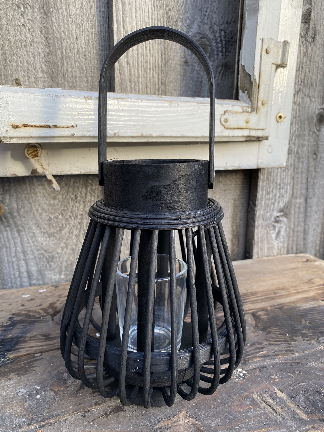 Bambus Windlicht schwarz mit Henkel und Glas - Höhe 18 cm ohne Henkel
