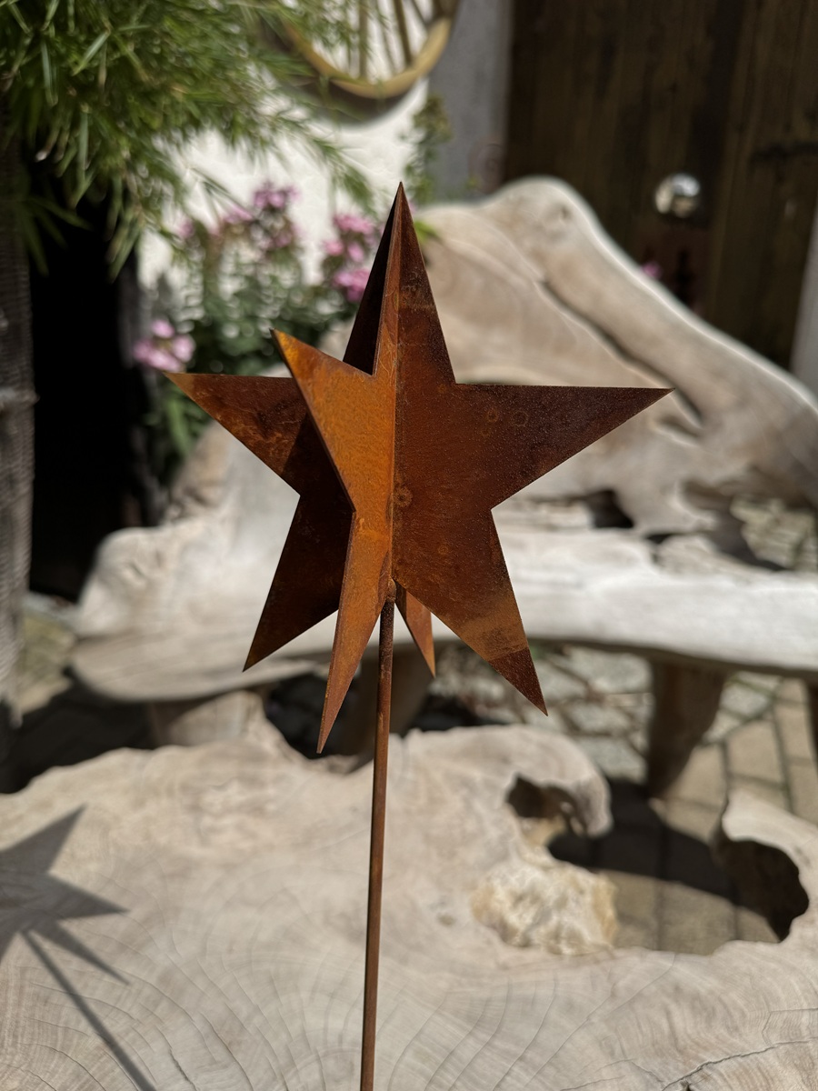 Edelrost 3D Stern groß auf Stab - Durchmesser 15 cm + Stab 30 cm