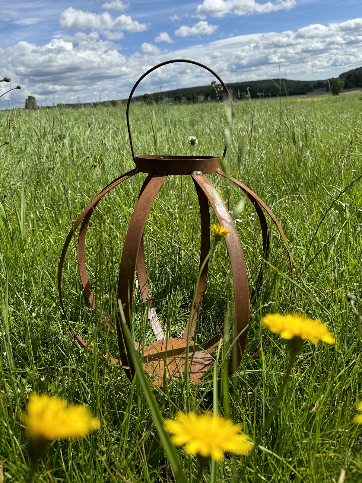 Edelrost Laterne Streifen groß offene Form mit Henkel - Höhe 40 cm