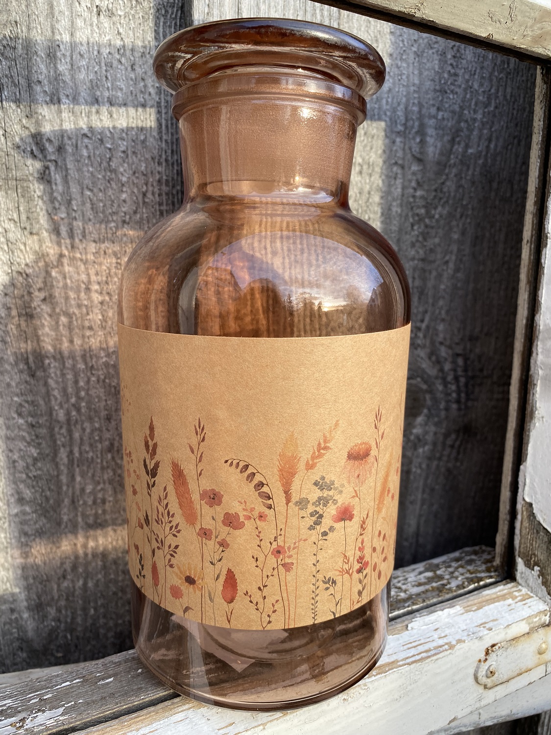 Glas Apothekerflasche hellorange mit Blütenmotiv - Höhe 22 cm