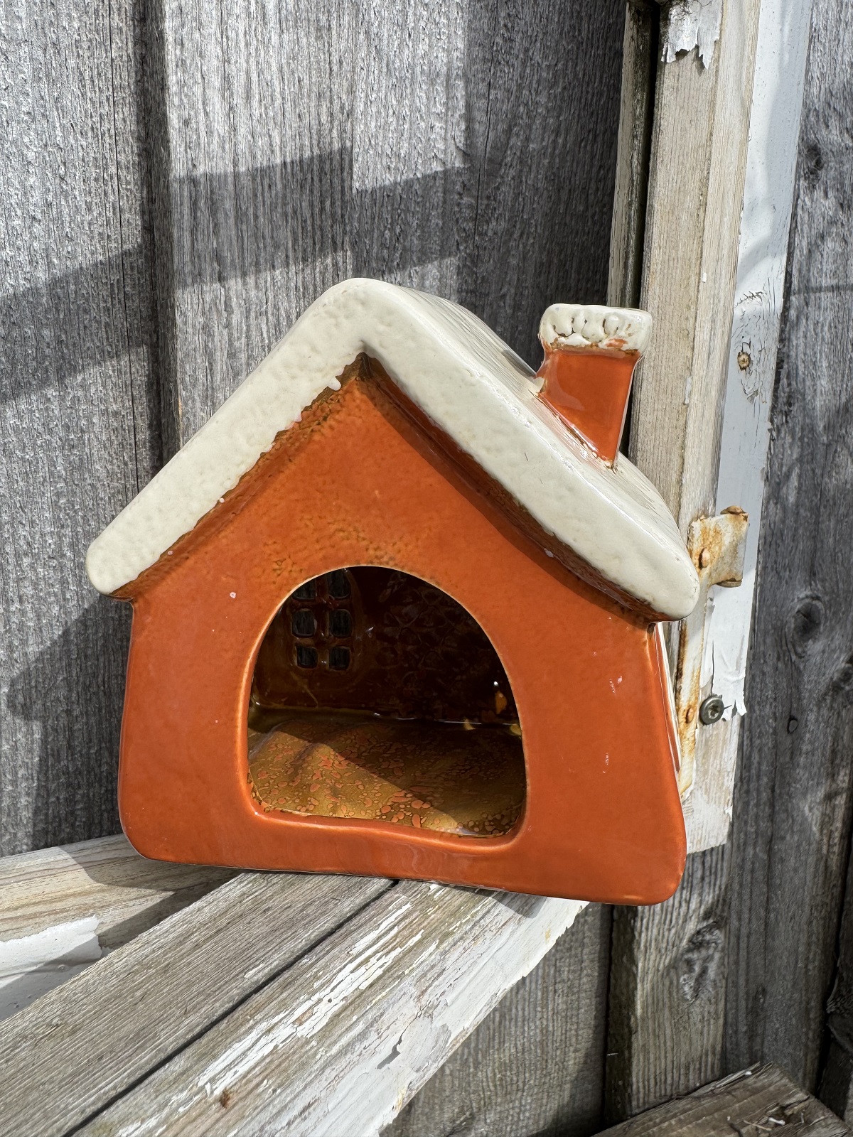 Keramik Lichthaus Lebkuchenhäuschen orangebraun mit Herz - Höhe 14,5 cm