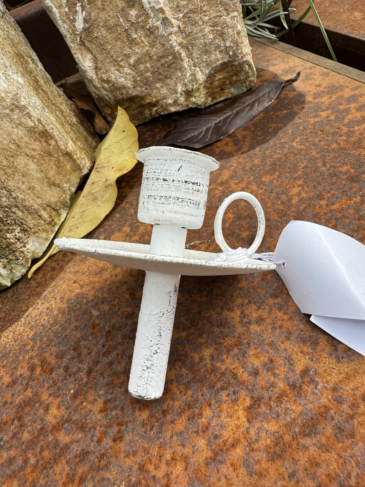 Metall Kerzenhalter für Flaschen weiß mit Teller und Henkel - Höhe 8 cm