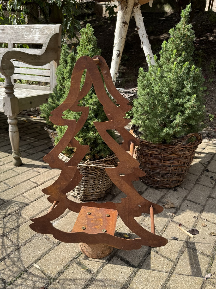 Edelrost Holzregal Tannenbaum mit Baumstamm als Sockel - Höhe 60 cm + Stamm