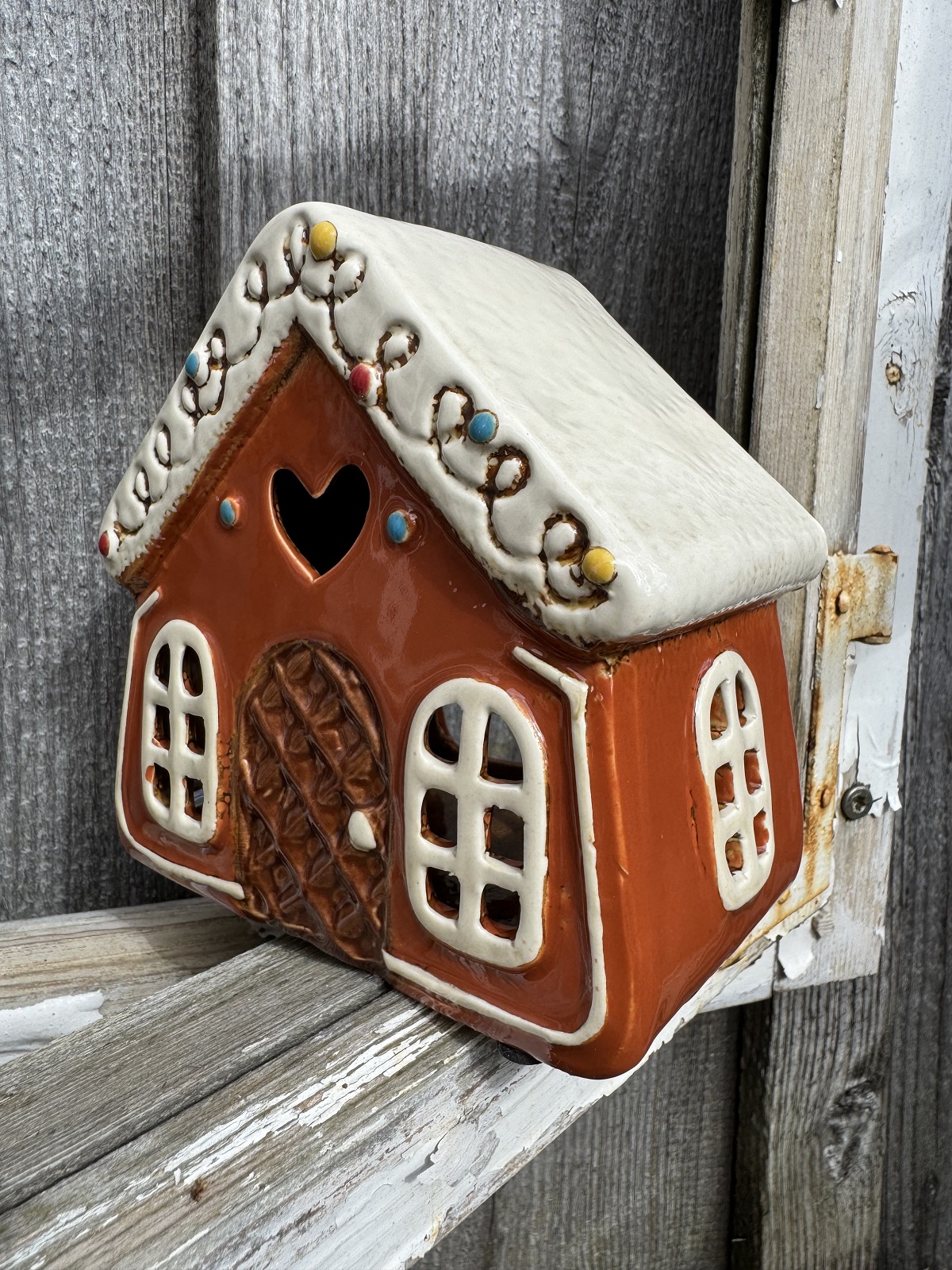 Keramik Lichthaus Lebkuchenhäuschen orangebraun mit Herz - Höhe 14,5 cm