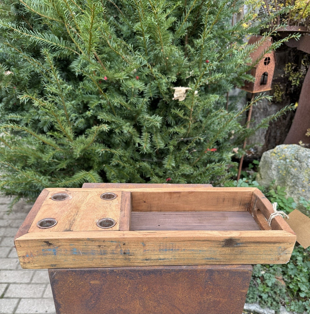 Altholz Kerzenbrett eckig für 4 Stabkerzen mit Schale - Länge ca. 46 cm