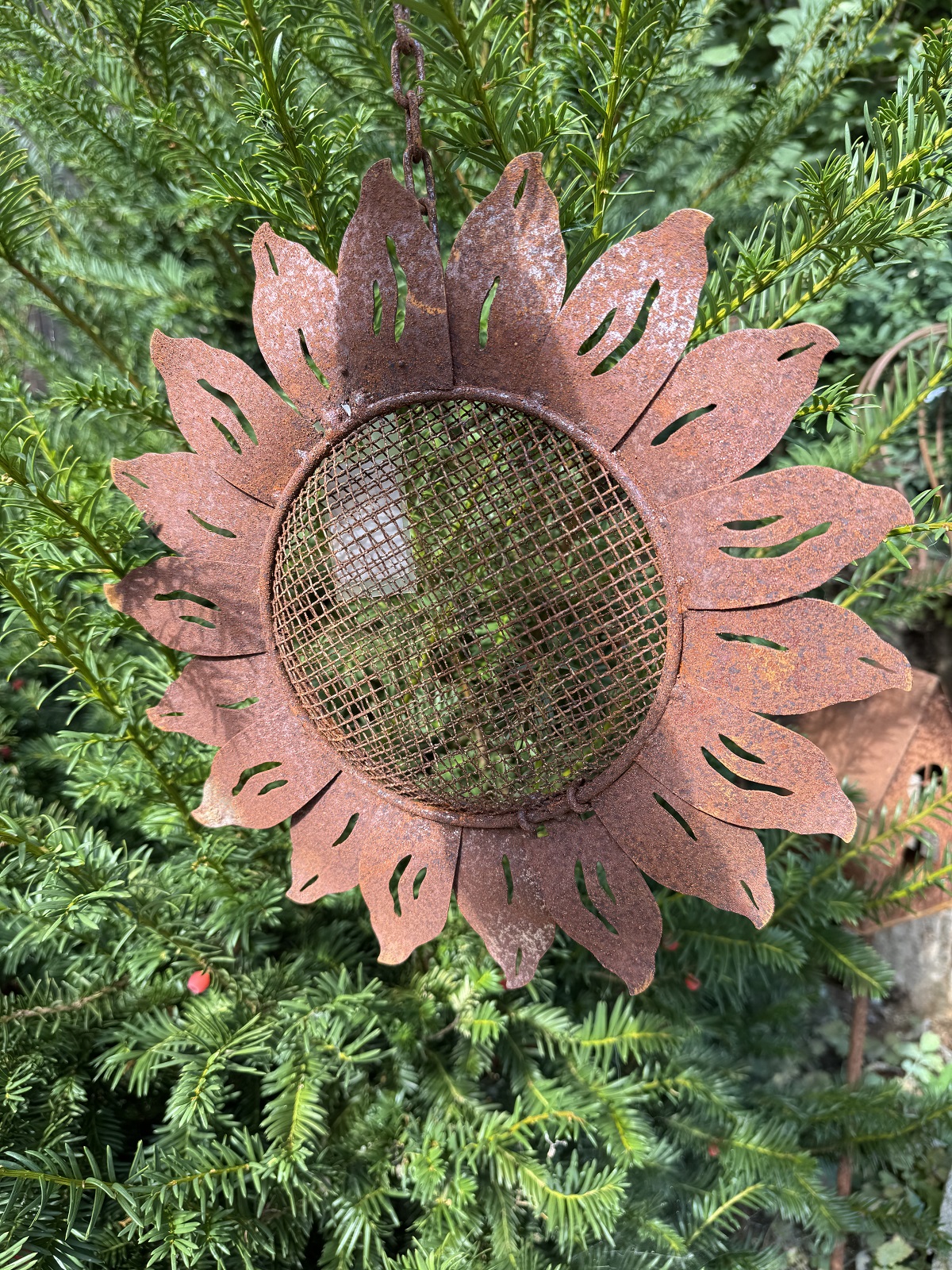 Edelrost Futterstelle Sonnenblume an Kette zum Hängen - Durchmesser 32 cm