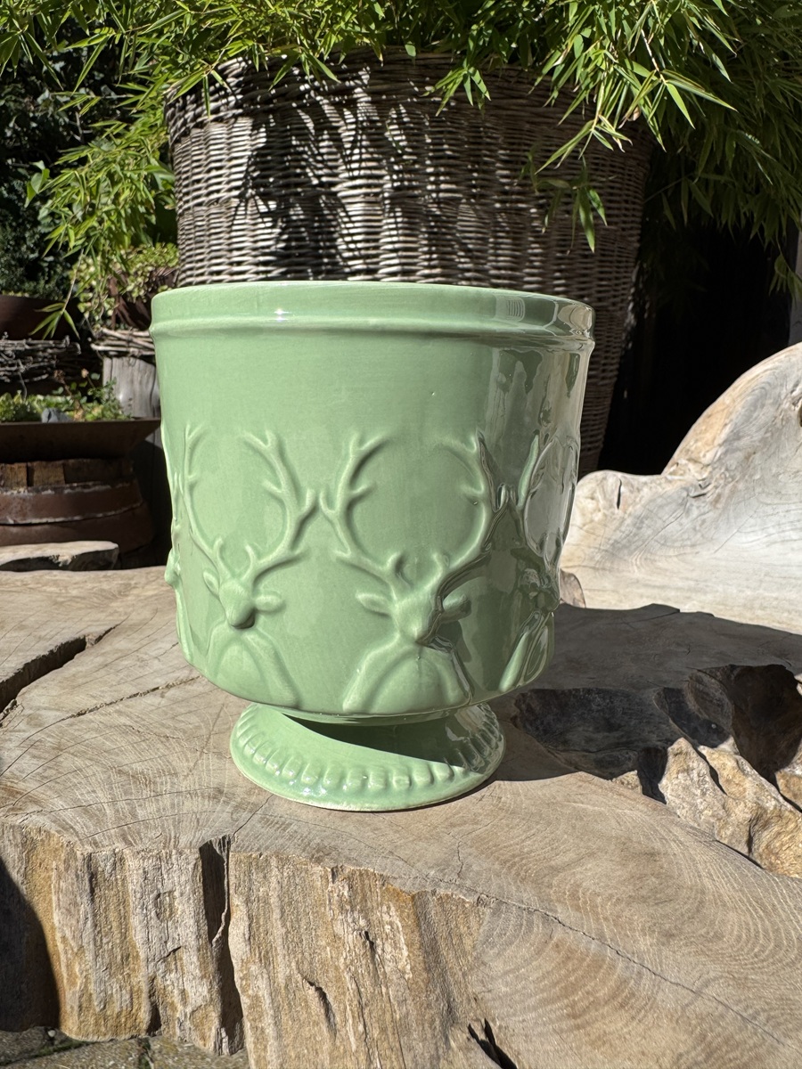 Keramik Pflanztopf mit Hirschmotiv Grün - Höhe 14 cm